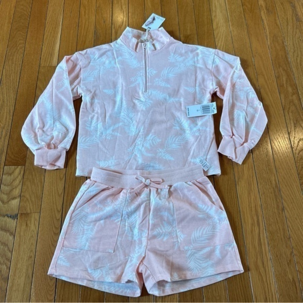 NWT Jessica Simpson Pink White Floral Palm 1/4 Zip Pullover Top & Shorts Girl 12